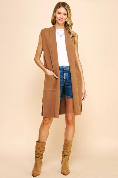 Pinch Sleeveless Open Cardigan Sweater